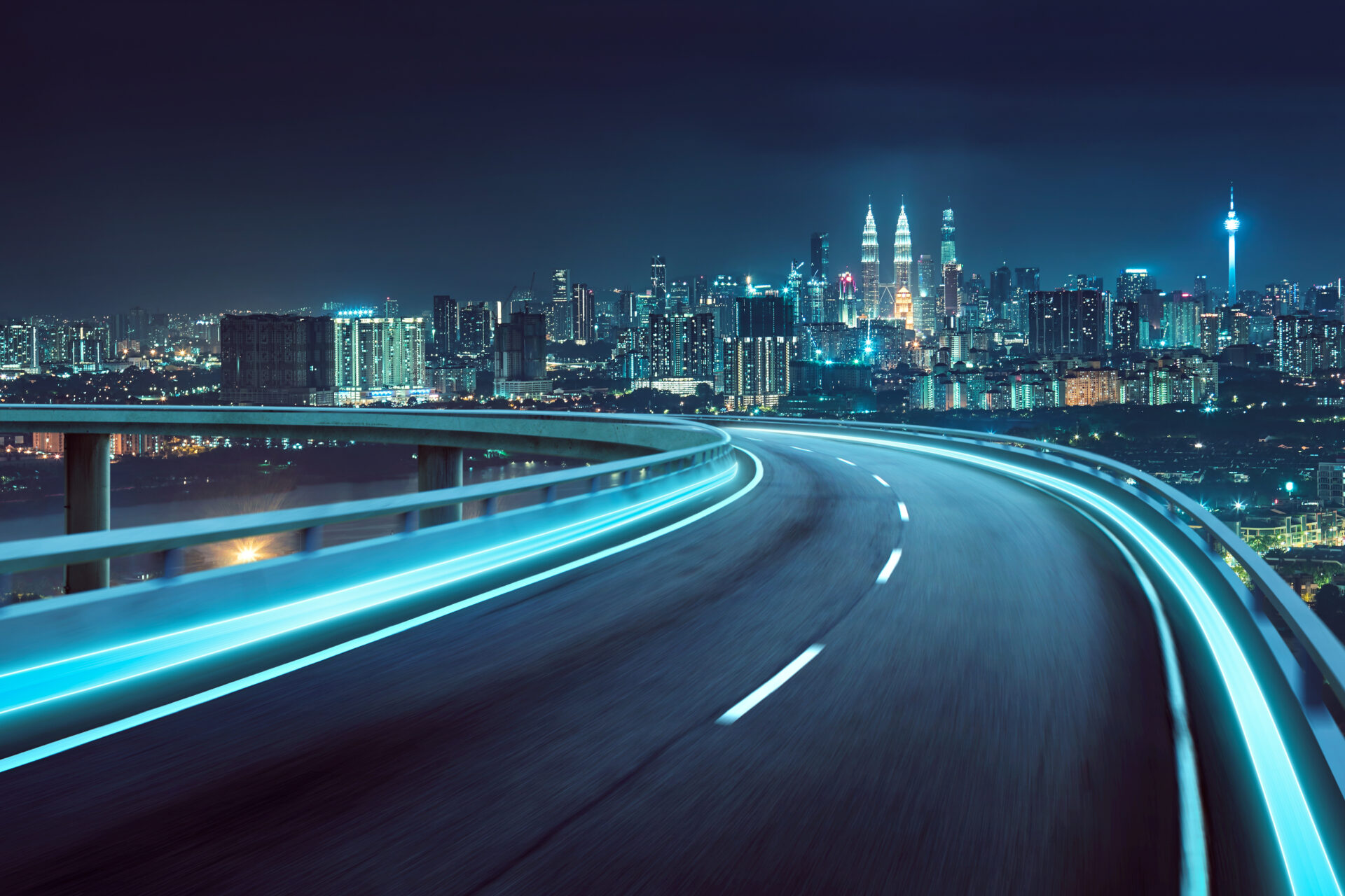 Highway overpass motion blur with city background .night scene