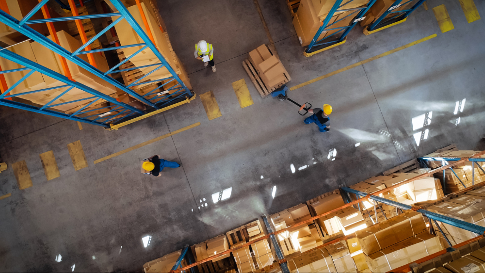 Top-Down View: In Warehouse People Working, Forklift Truck Opera